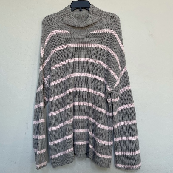 New Caslon Shaker Mock Neck Sweater In Grey- Pink Stripe - Picture 2 of 8
